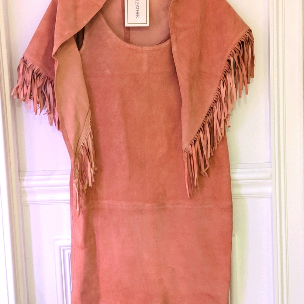 Vintage pink suede dress w/ fringe scarf - Picture 5 of 11